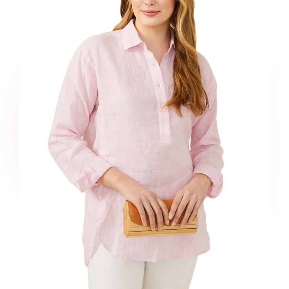 J. MCLAUGHLIN "Fallon" Preppy Linen Loose Fit 1/2 Button Pink Pinstripe Tunic M